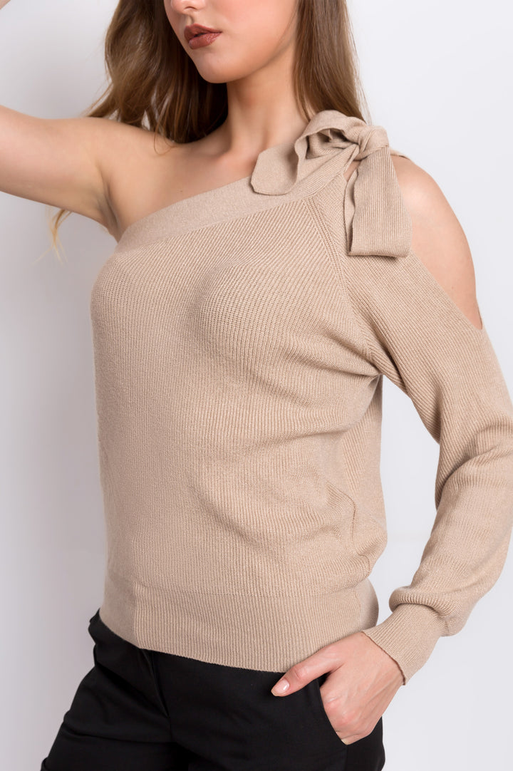 Knitted One Shoulder Top With Sleeve Cutout Detail And Tie Shoulder