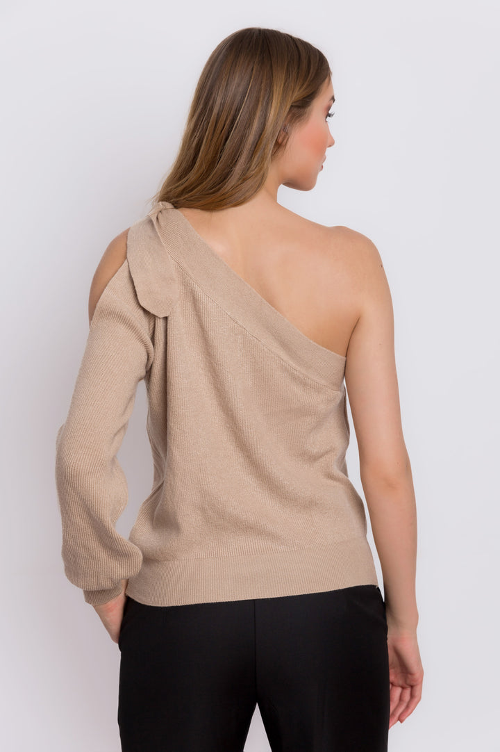 Knitted One Shoulder Top With Sleeve Cutout Detail And Tie Shoulder