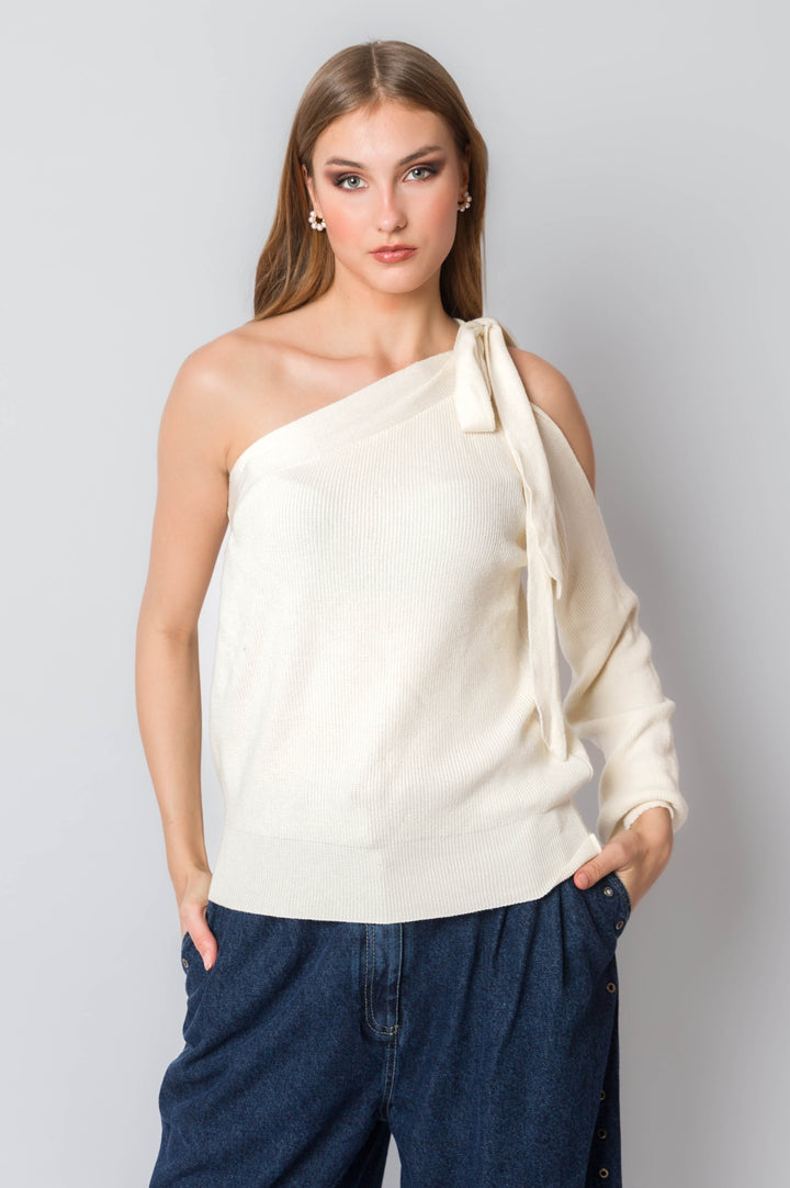 Knitted One Shoulder Top With Sleeve Cutout Detail And Tie Shoulder