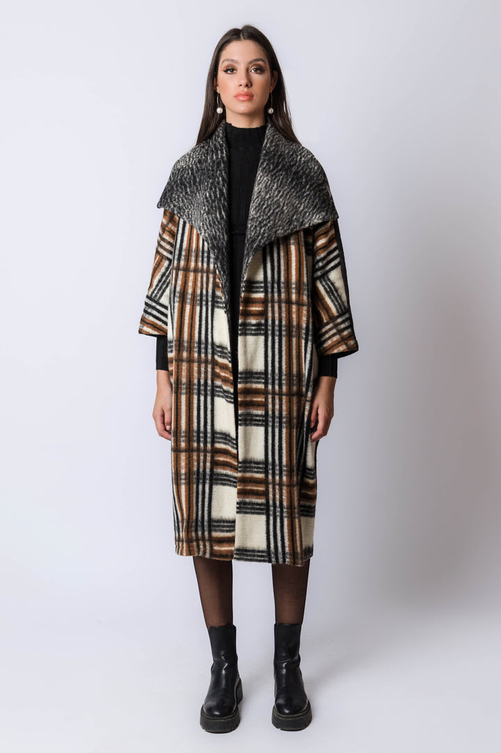 Wool Multi Colored  Plaid Coat With Grey Neck Lapel