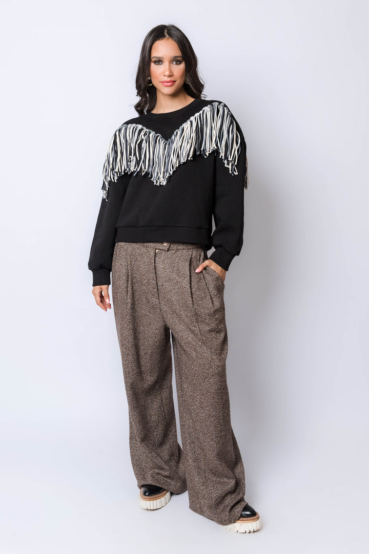 Black Melton Sweatshirt With Front & Back Fringes