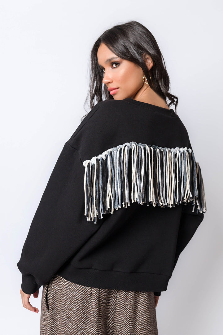 Black Melton Sweatshirt With Front & Back Fringes