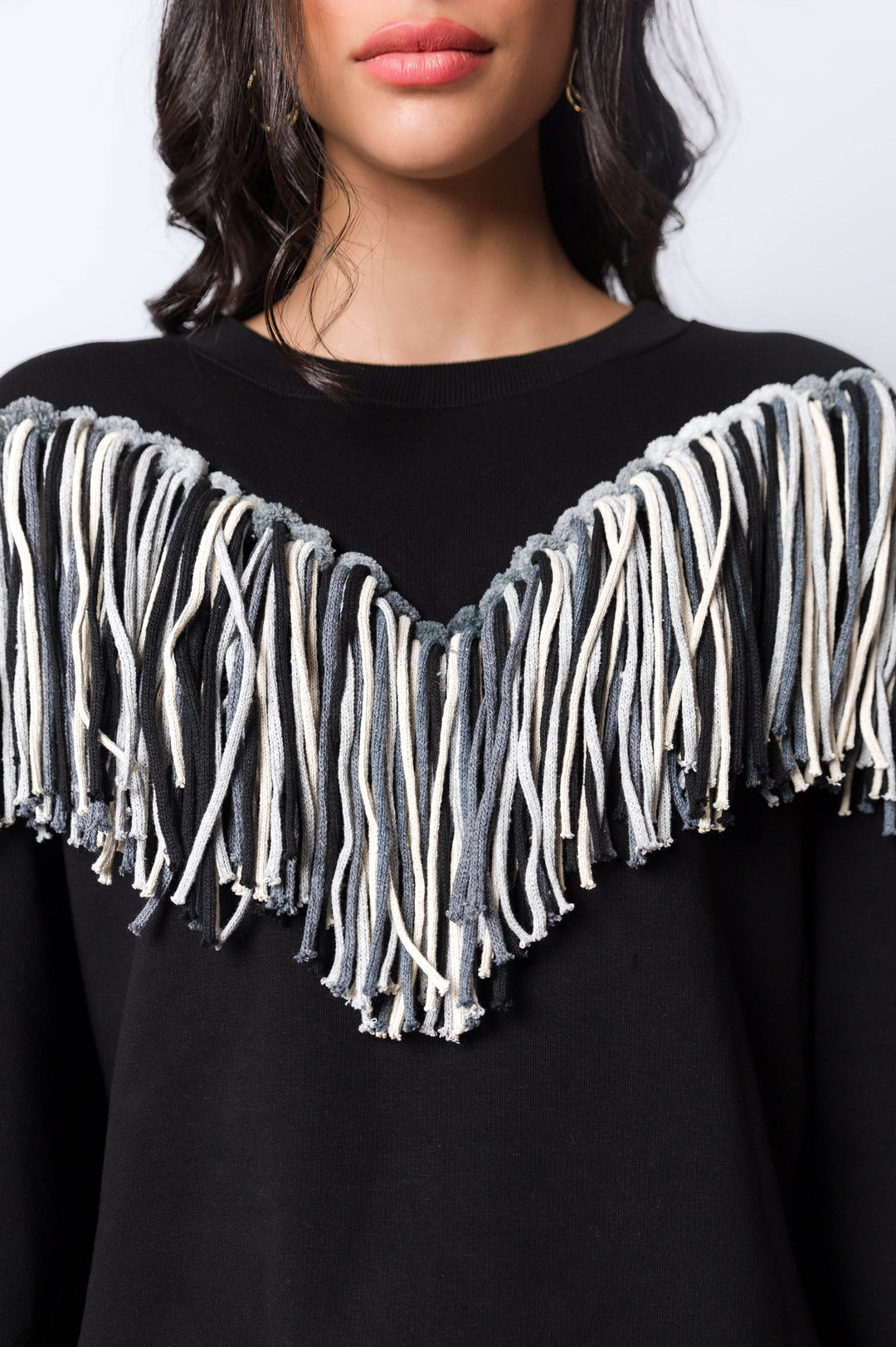 Black Melton Sweatshirt With Front & Back Fringes