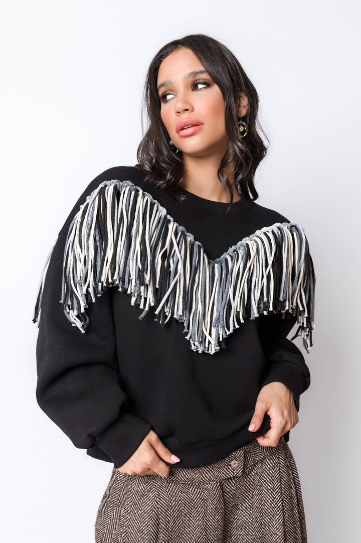 Black Melton Sweatshirt With Front & Back Fringes