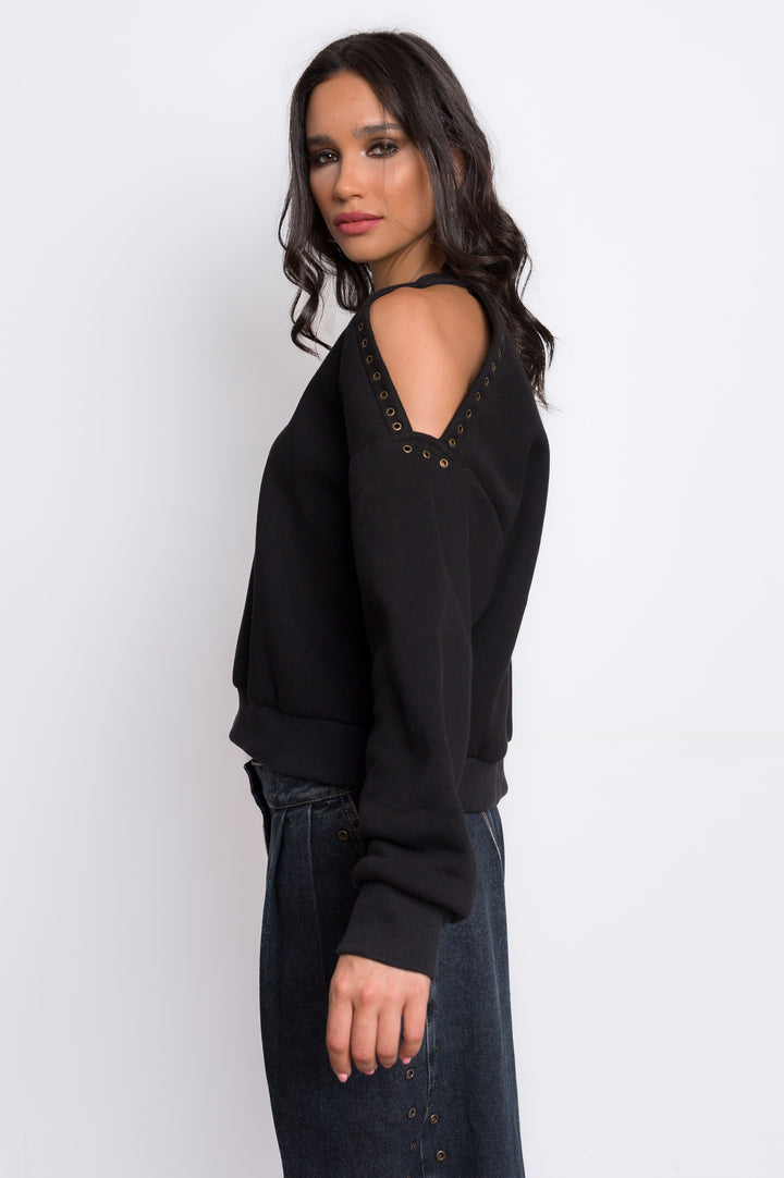 Cut Out Shoulder Pin Detail Sweatshirt