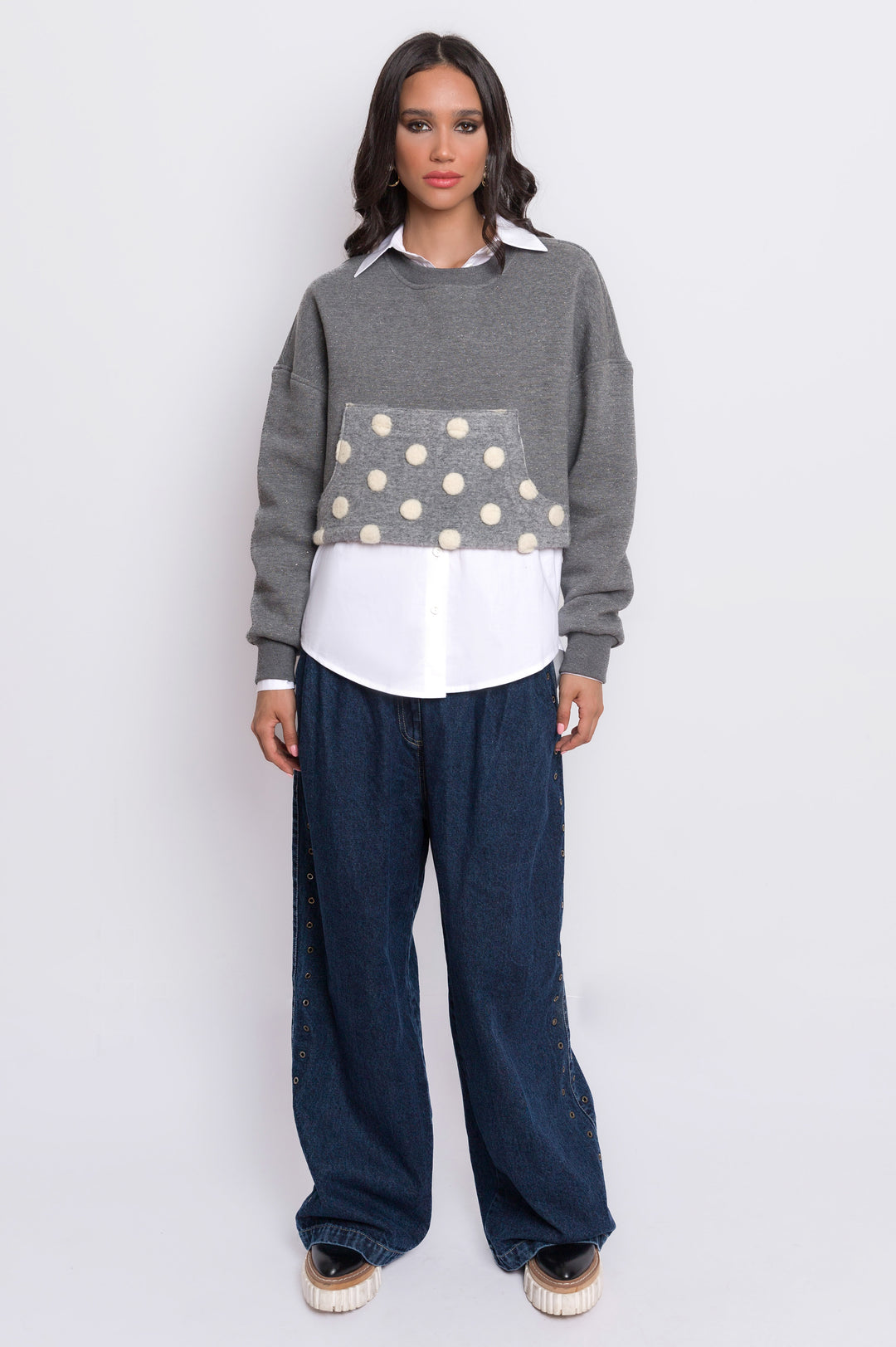 Cropped Sweatshirt With Polka Dots Pocket