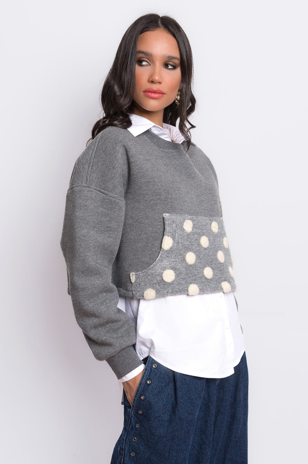 Cropped Sweatshirt With Polka Dots Pocket