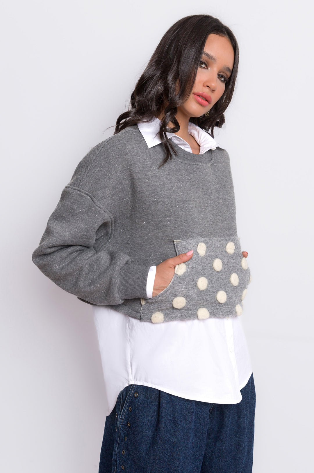 Cropped Sweatshirt With Polka Dots Pocket