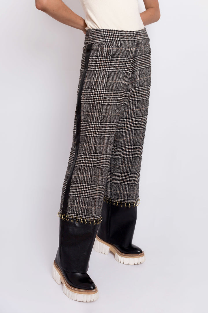 Wool Patterned Pants With Leather Trim And Ring Detail