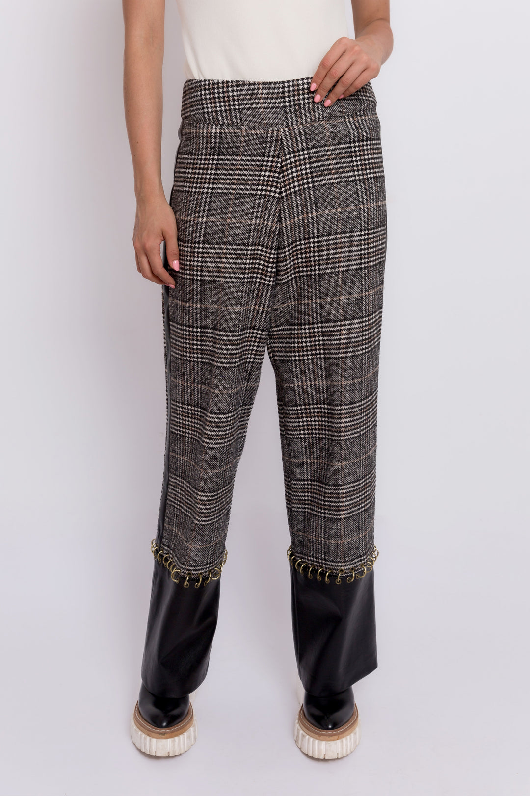 Wool Patterned Pants With Leather Trim And Ring Detail