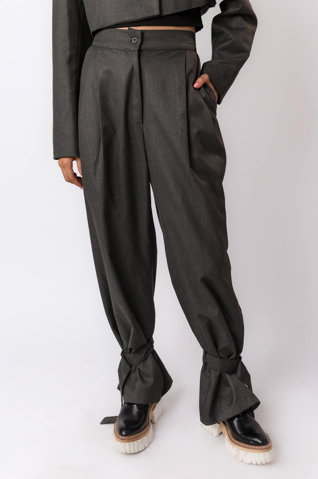 Grey High Rise Pants With Front Pleats