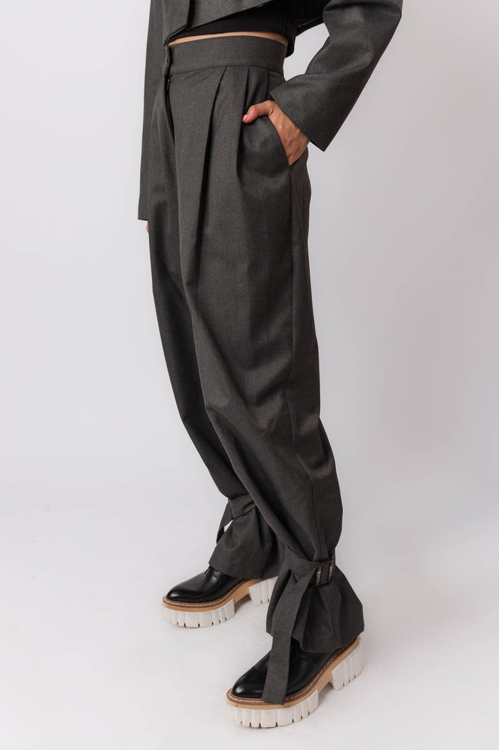 Grey High Rise Pants With Front Pleats