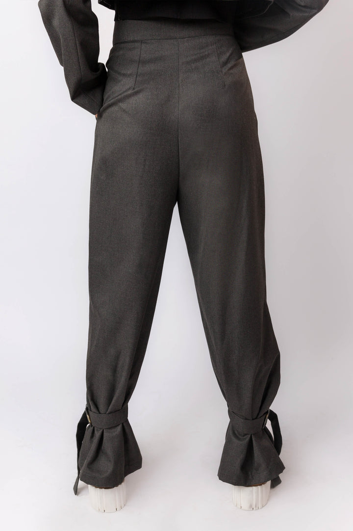 Grey High Rise Pants With Front Pleats