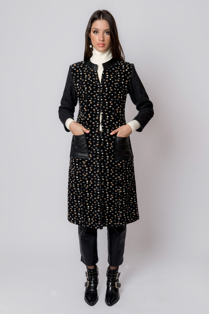 Front Open Wool Polka Dots Multi Colored Coat With Leather Pockets And Neckline