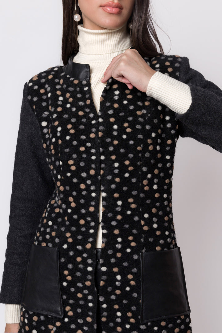 Front Open Wool Polka Dots Multi Colored Coat With Leather Pockets And Neckline