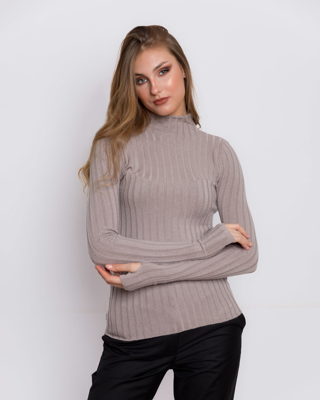 Grey Knitted Turtleneck Ribbed Sweater