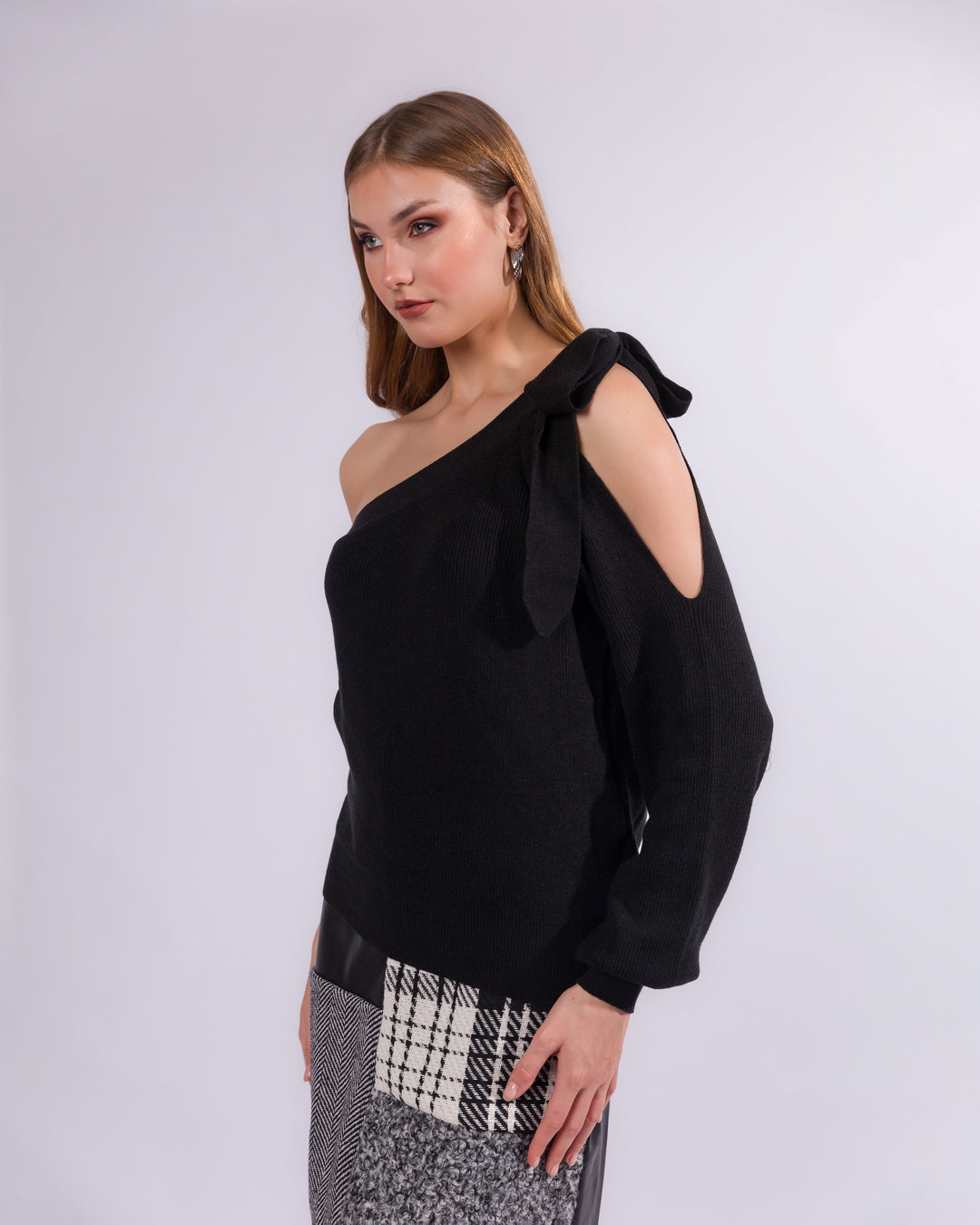 Knitted One Shoulder Top With Sleeve Cutout Detail And Tie Shoulder