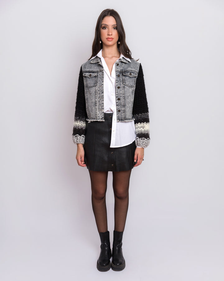 Blue Denim Jacket With Fringed  Knitted Sleeves And Wool Back