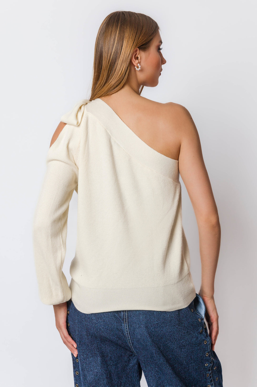 Knitted One Shoulder Top With Sleeve Cutout Detail And Tie Shoulder