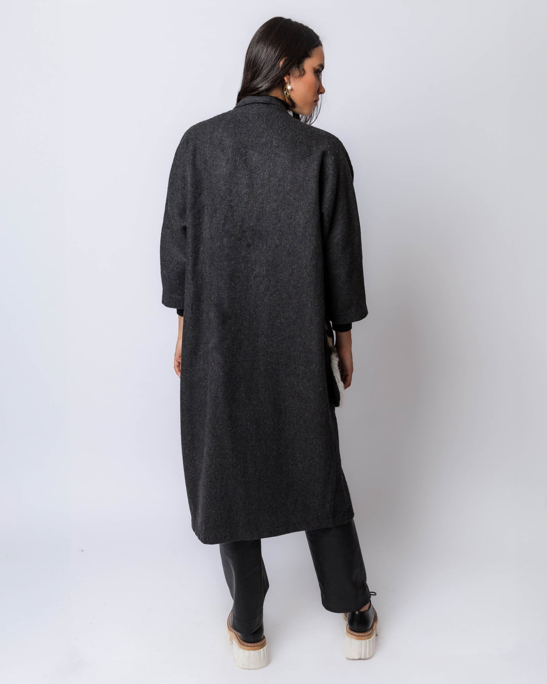 Grey Wool Coat With Large Patch Pockets And Fur Trims