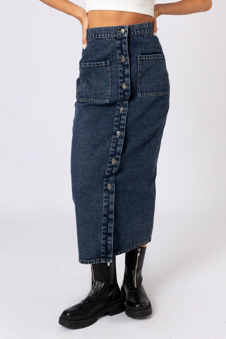 Button Front Denim Skirt In Blue