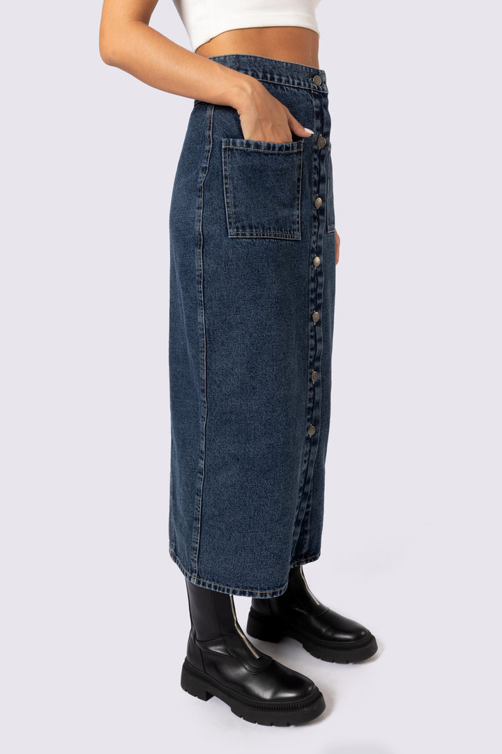 Button Front Denim Skirt In Blue