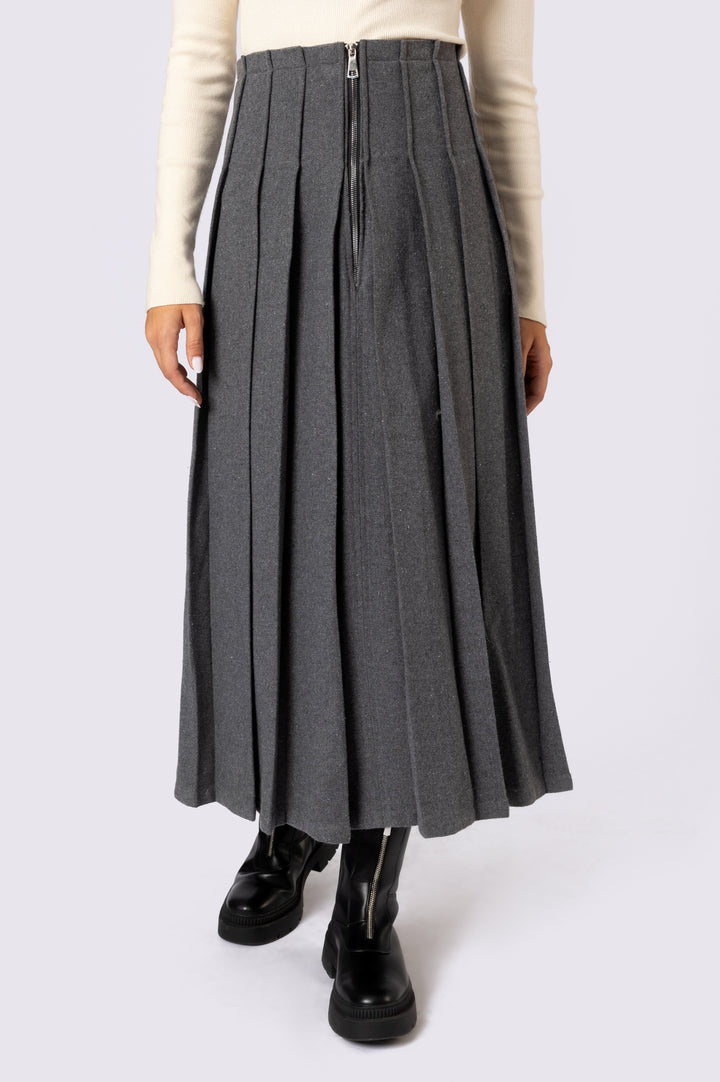 Pleated Midi Wool Skirt In Grey