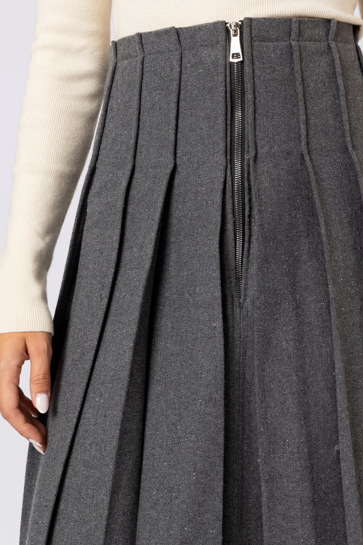 Pleated Midi Wool Skirt In Grey