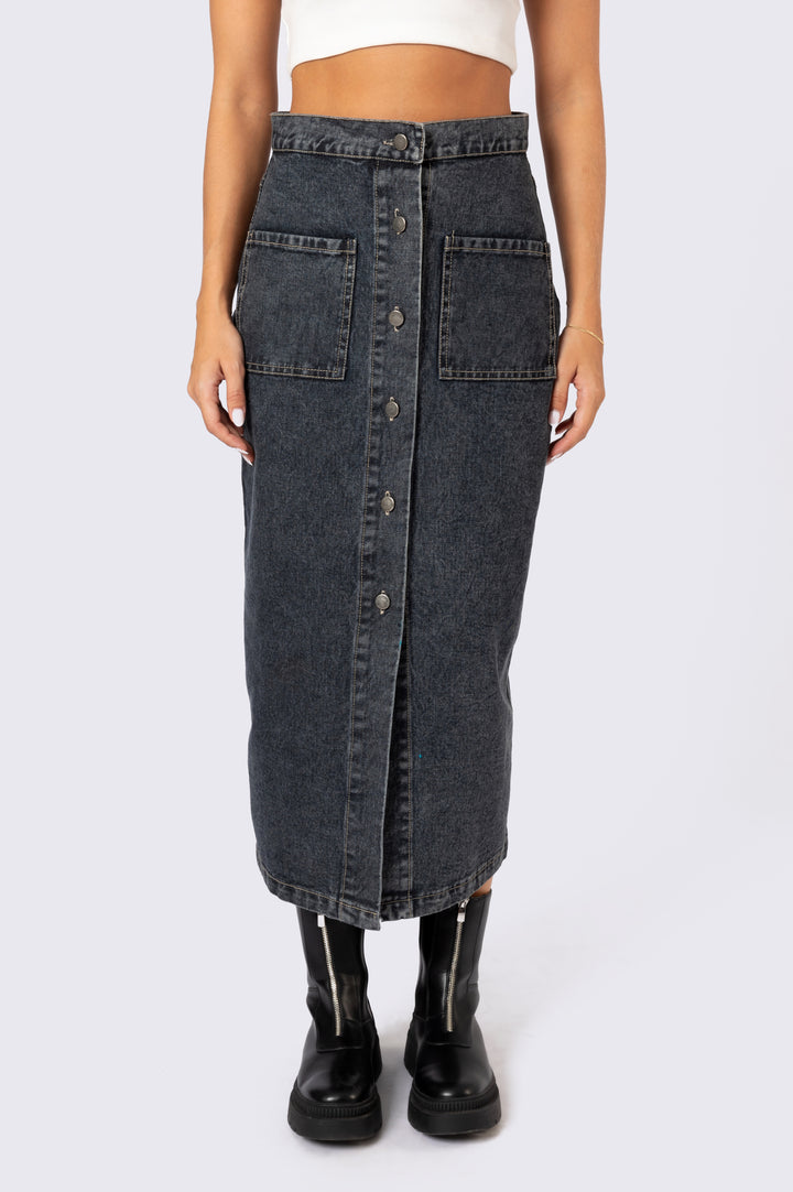 Button Front Denim Skirt In BLack