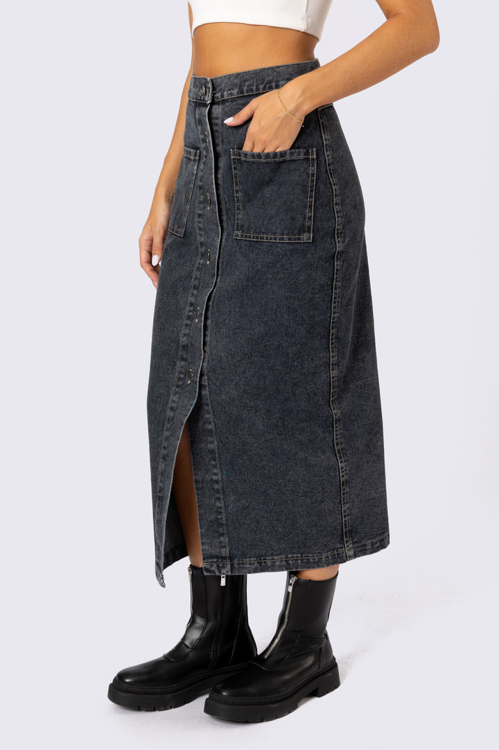 Button Front Denim Skirt In BLack