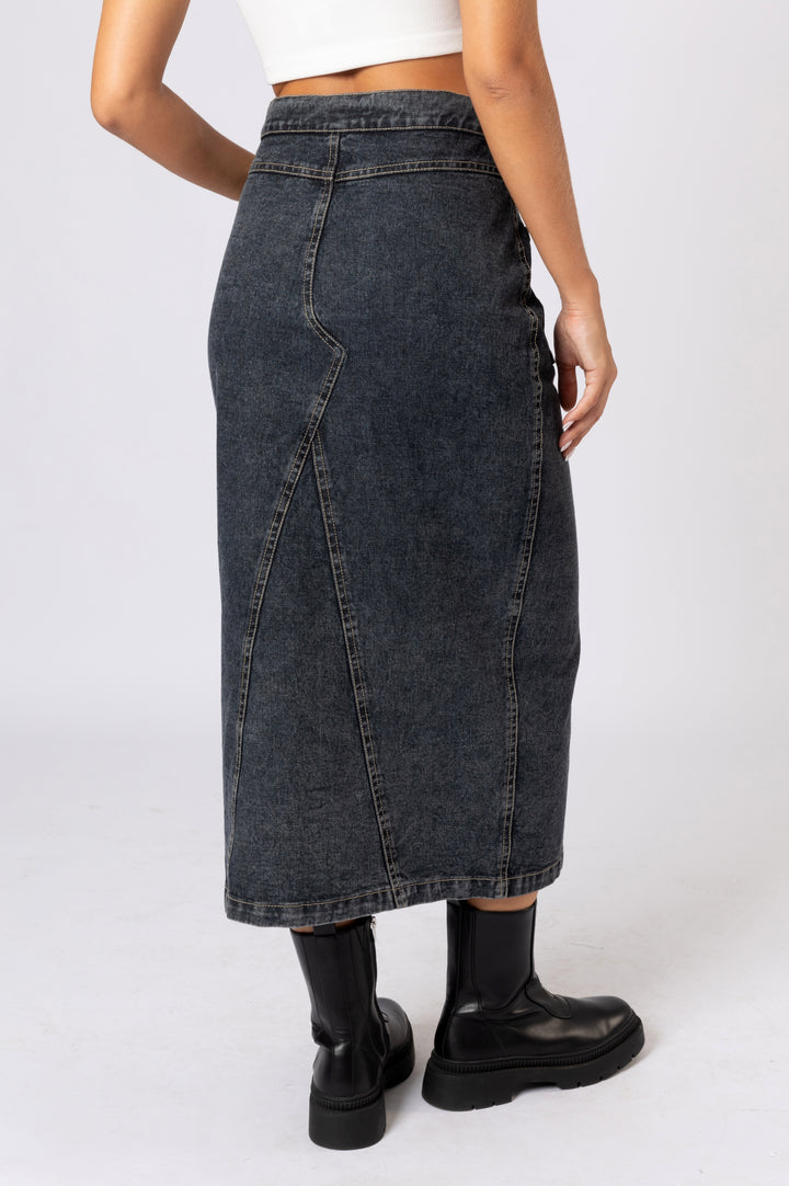 Button Front Denim Skirt In BLack