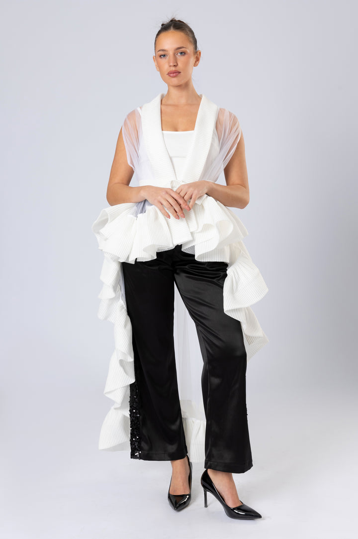 Long Ruffled Asymmetric Sleeveless Cape