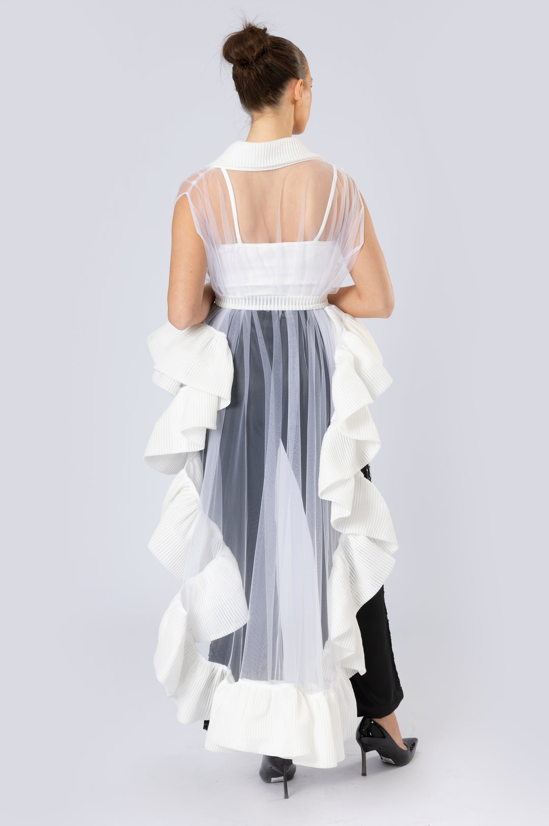 Long Ruffled Asymmetric Sleeveless Cape