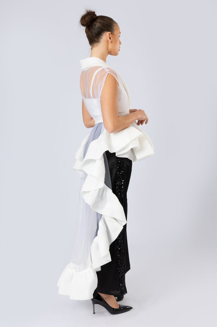 Long Ruffled Asymmetric Sleeveless Cape