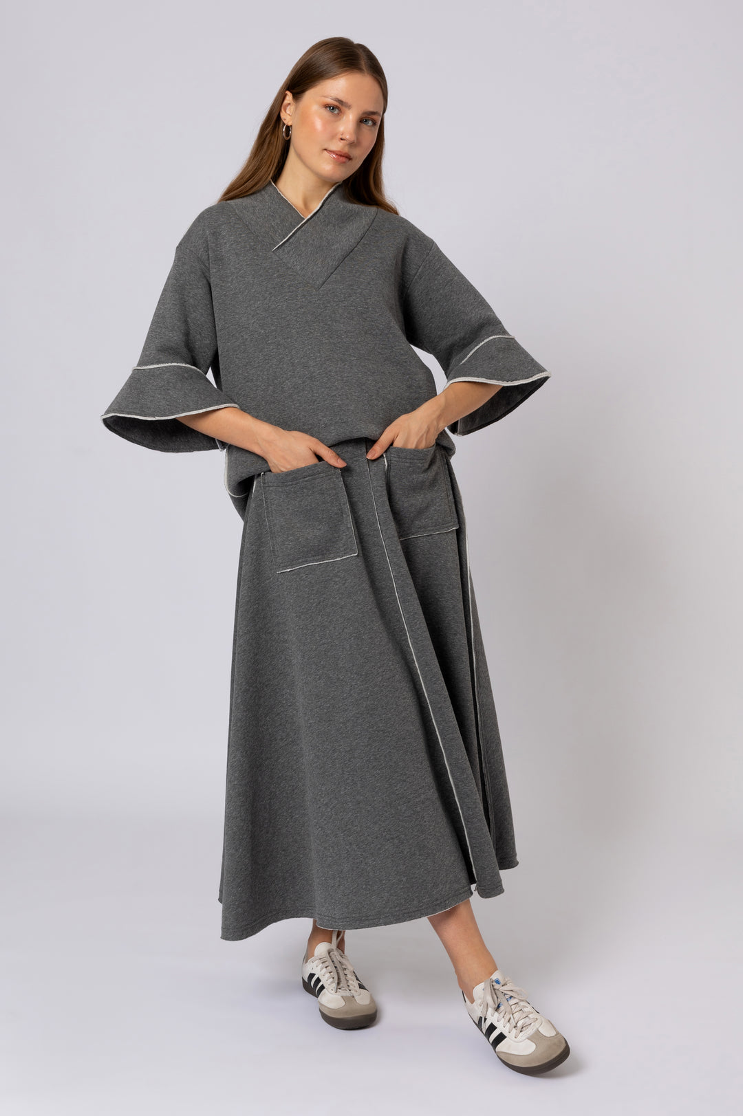 Mid-rise Melton Midi Skirt In Grey