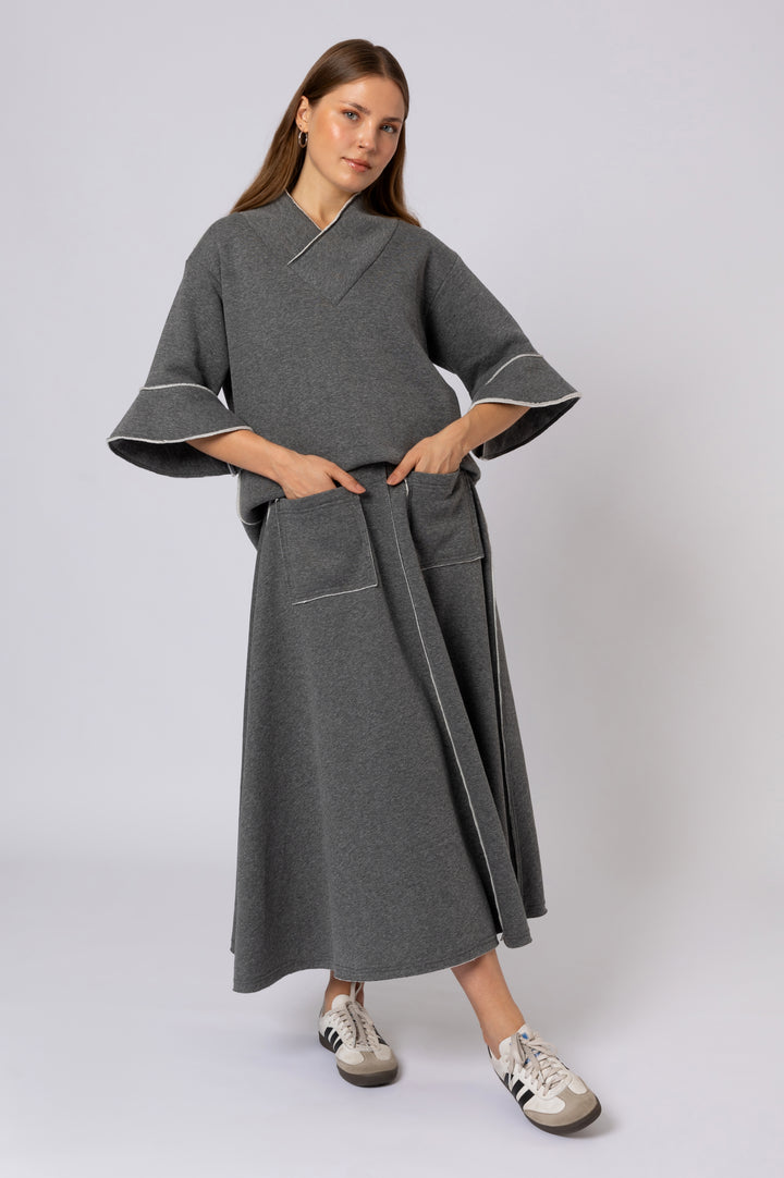 Mid-rise Melton Midi Skirt In Grey