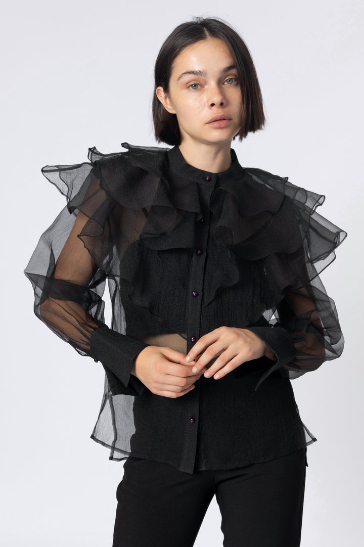 Black Ruffled Colar Organza Blouse