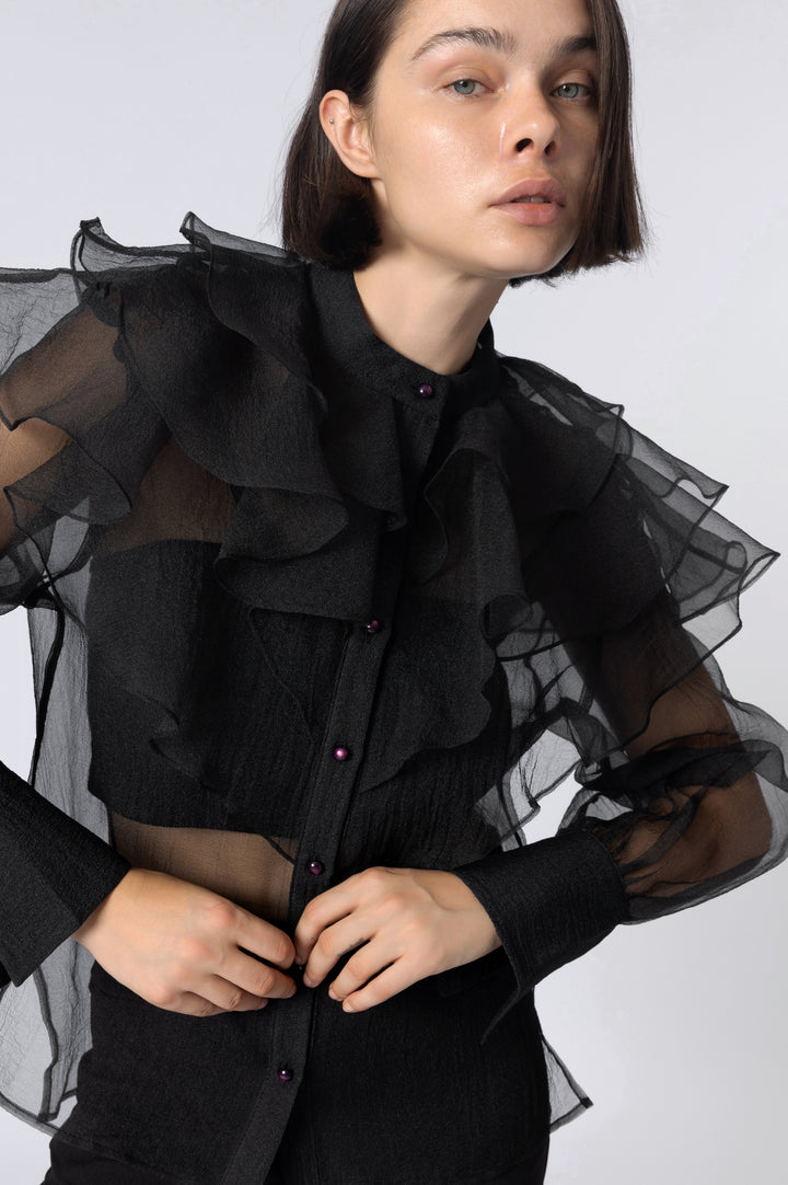 Black Ruffled Colar Organza Blouse