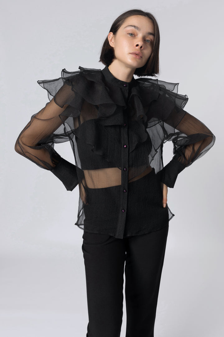 Black Ruffled Colar Organza Blouse