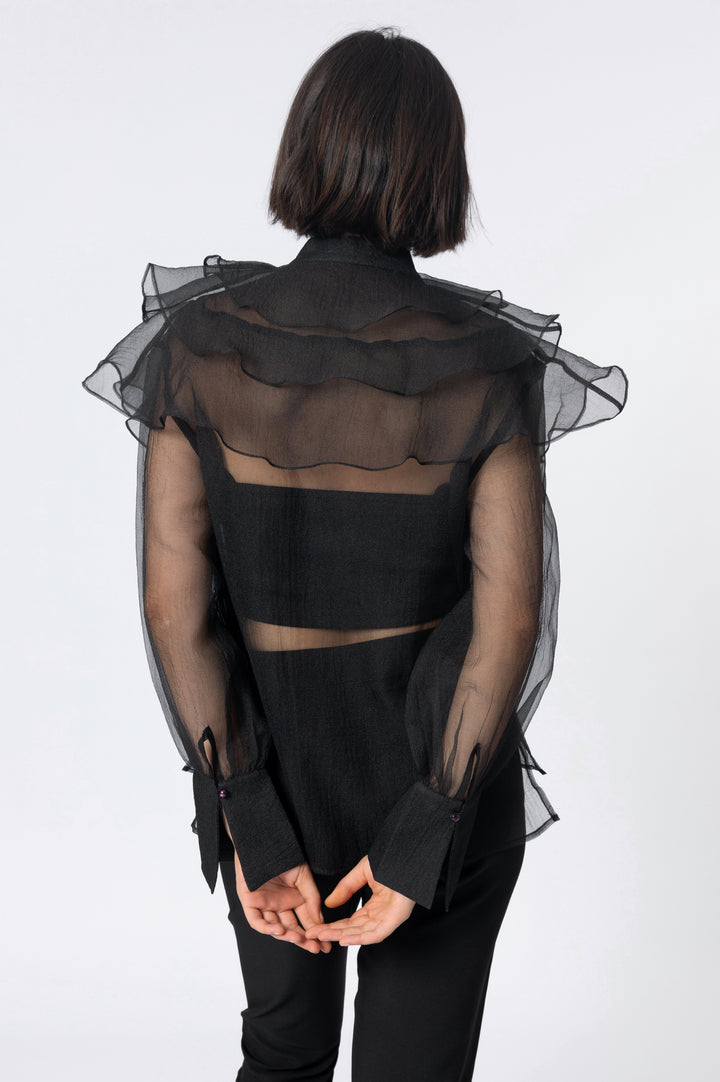 Black Ruffled Colar Organza Blouse