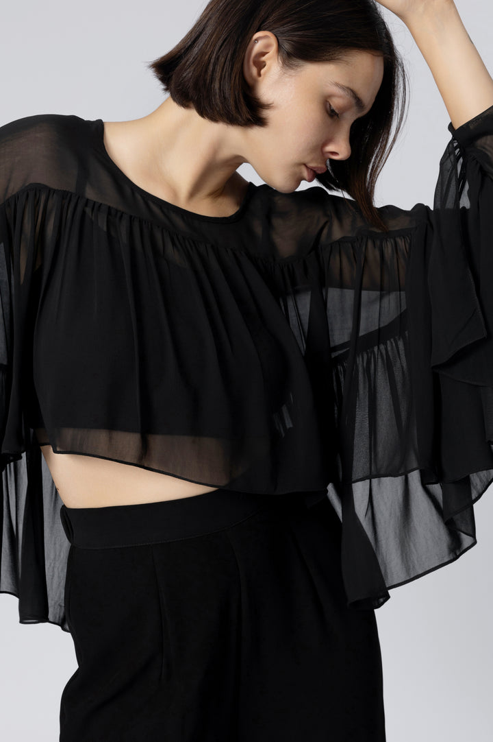 Black Flowy Ruffle Blouse