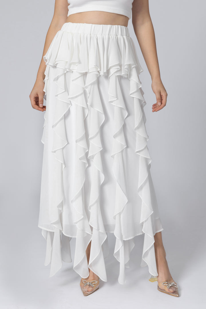 White Ruffled Midi Skirt