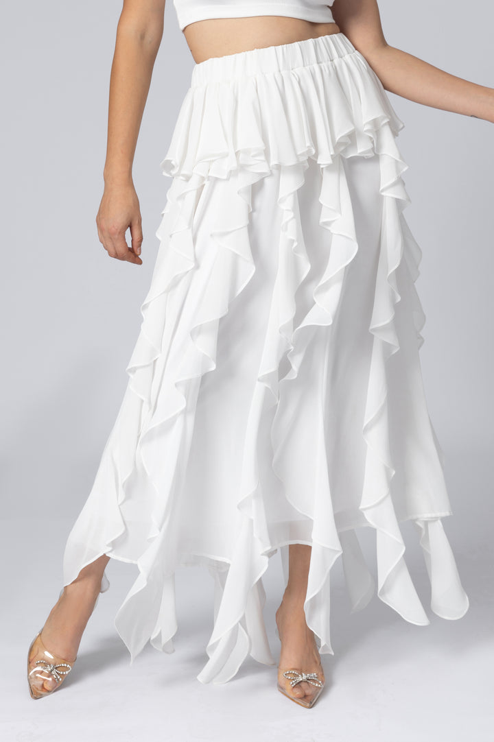 White Ruffled Midi Skirt