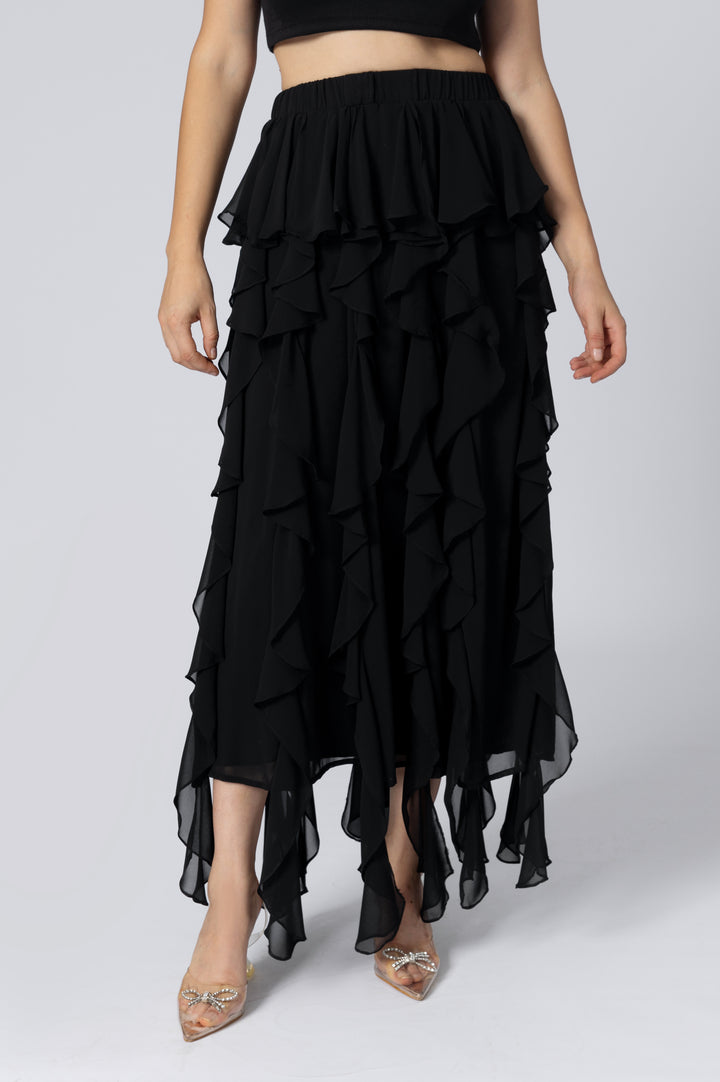 Black Ruffled Midi Skirt