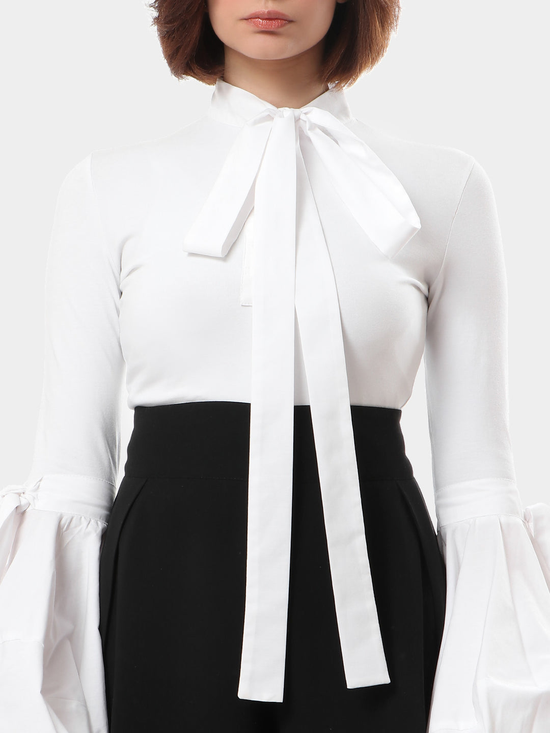 Cotton Puffed With Bow Sleeves With Cuffs Blouse