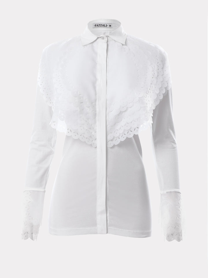 Spiral Organza Collar & Sleeves With Embroidery Blouse