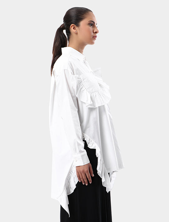 Over Size Cotton Blouse With Ruffled Side Slit