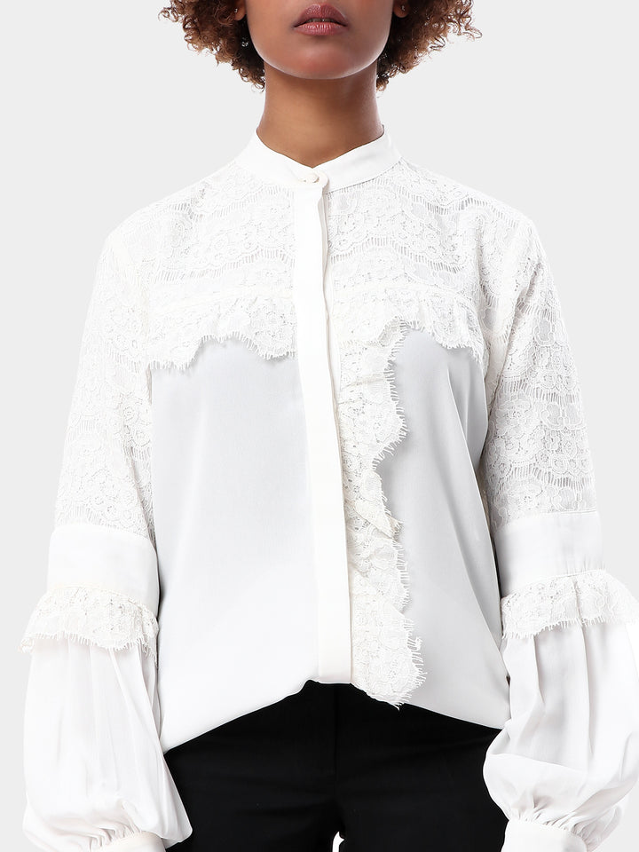 Crepe Georgette Blouse With Laced Front And Bell Shaped Cuffs
