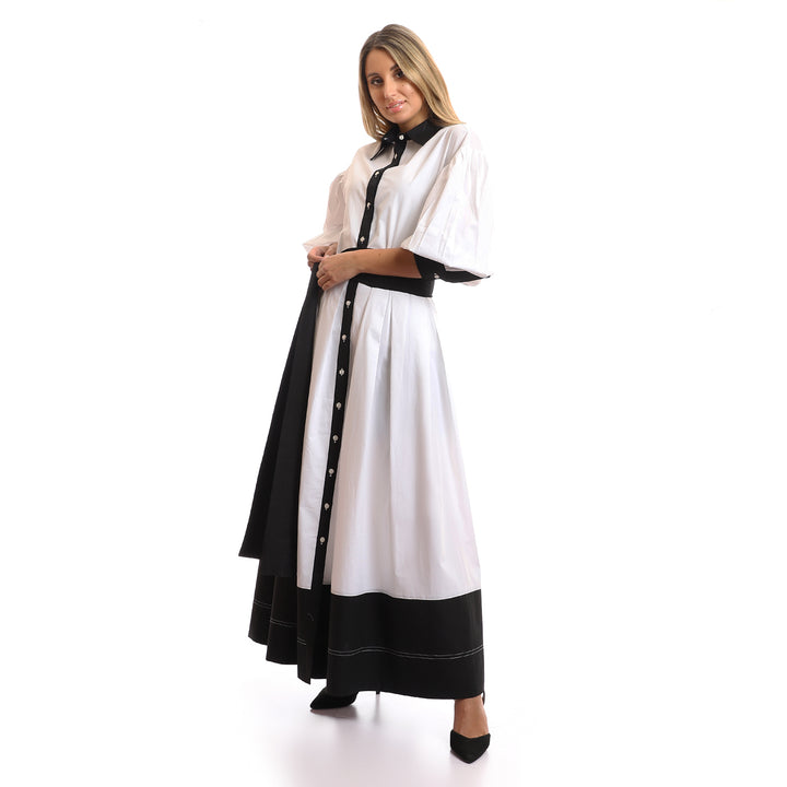 Cotton Dress With Belt And Puffy Sleeves