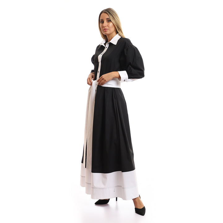 Cotton Dress With Belt And Puffy Sleeves